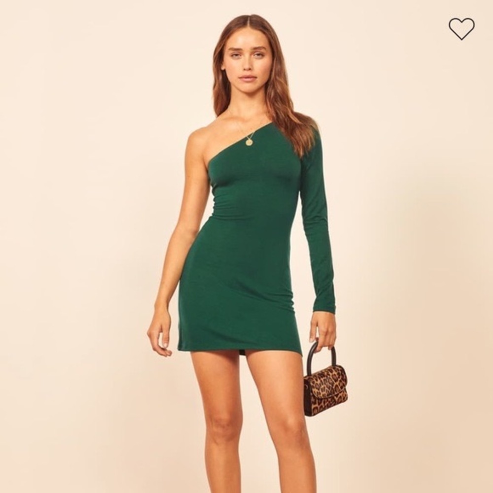 NEVER WORN! Reformation emerald cotton one shoulder mini dress.